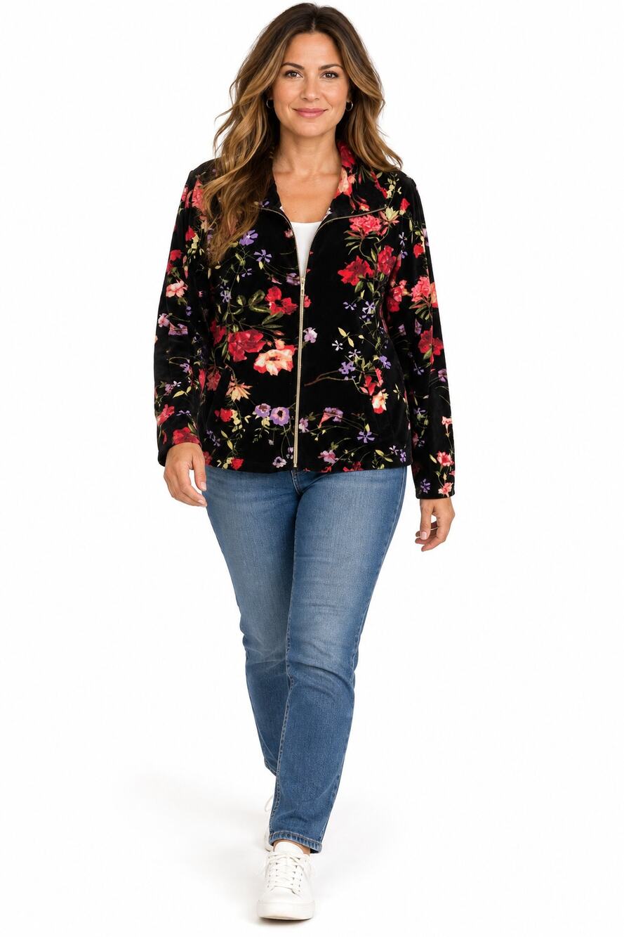 MyCloset Ongue Casual Floral Velour Zip Front Jacket Womens Plus Size PL